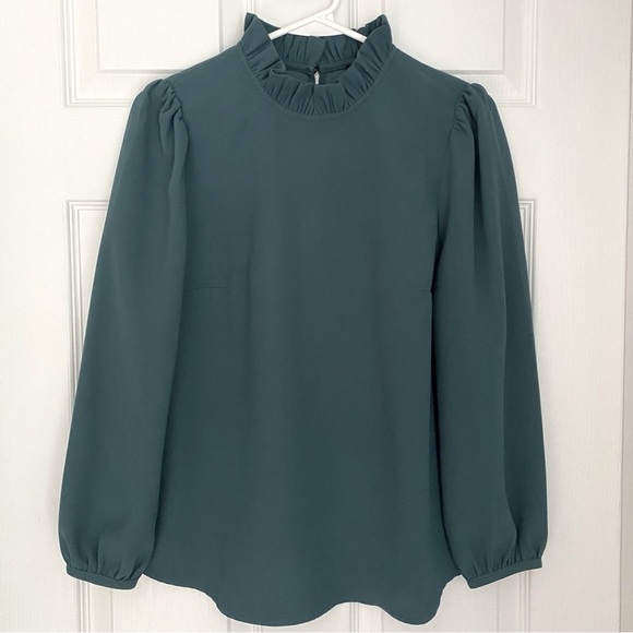 J. Crew Tops - J.Crew Emerald Green Ruffle Neck Long Sleeve Blouse